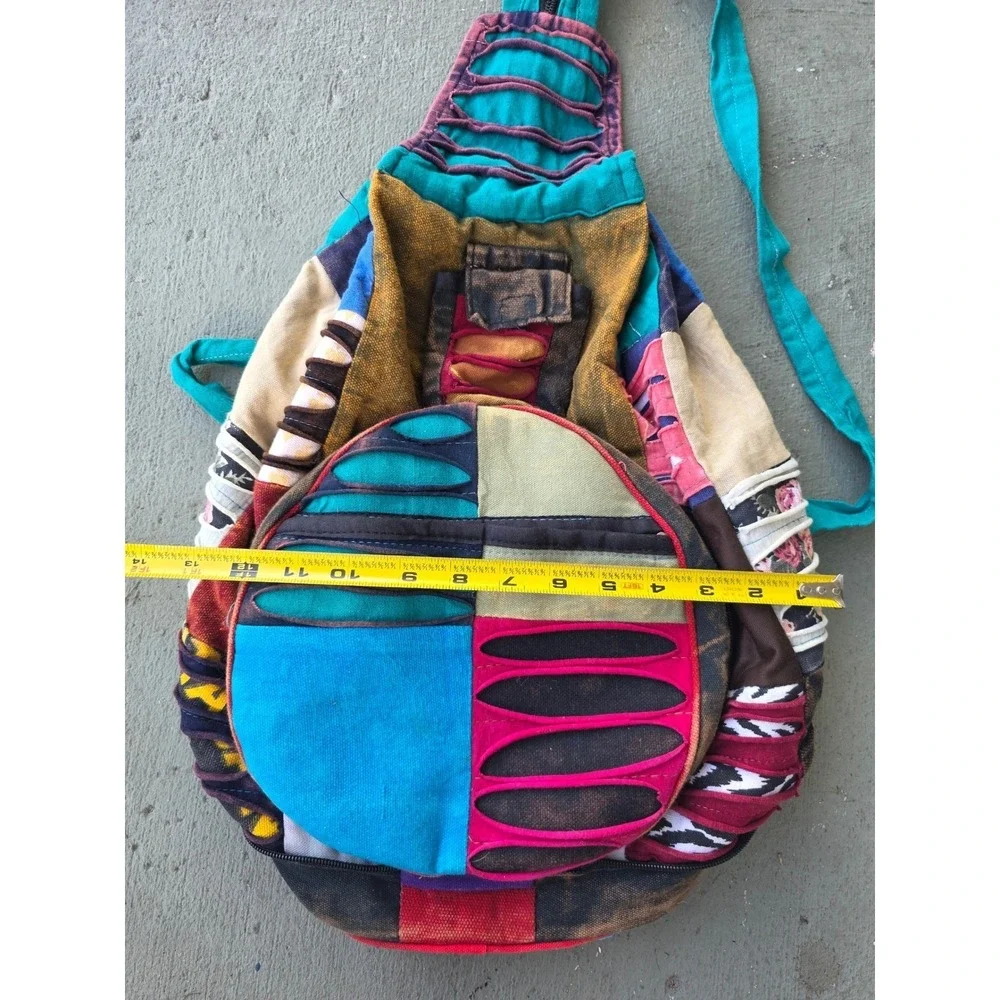 Boho‎ Patchwork Razor Cut Sling Backpack Multi Color Cotton Hippie Festival E2